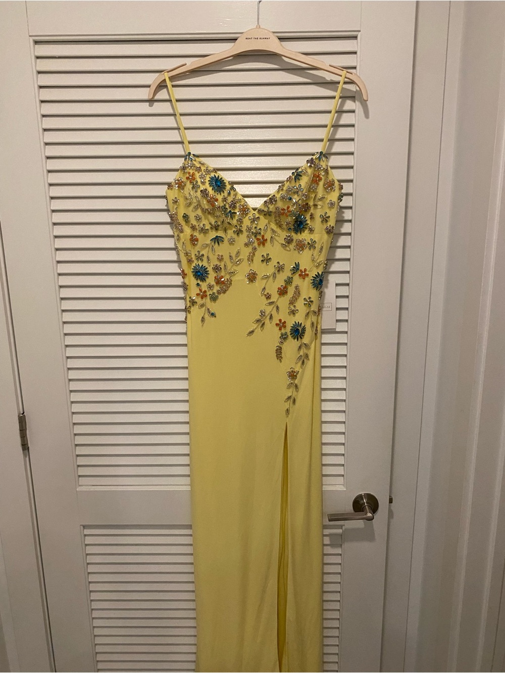 Mac Duggal Yellow Beaded Spaghetti-Strap Evening Gown